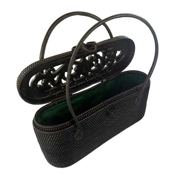 Ata Bag Bali Basket Handbag Leather Handles Wooden Carved Lid Floral Design Orga - Picture 3 of 6